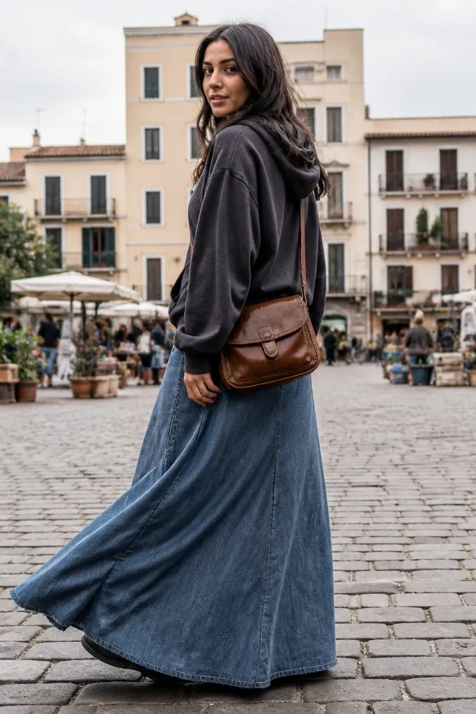 Denim maxi skirt with an oversized hoodie and a leather crossbody