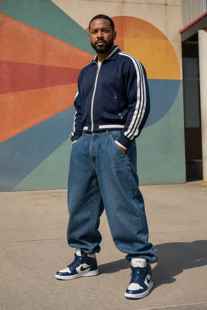 Track jacket with baggy jeans and high-top sneakers