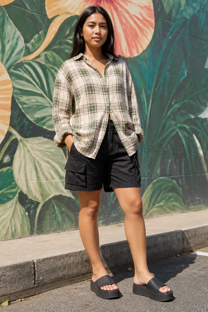 Oversized plaid shirt over black cargo shorts with platform slides