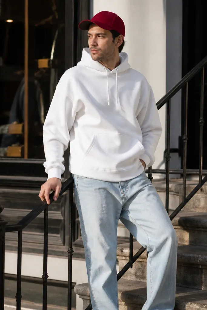 Light-wash baggy jeans with a white hoodie and a red varsity cap
