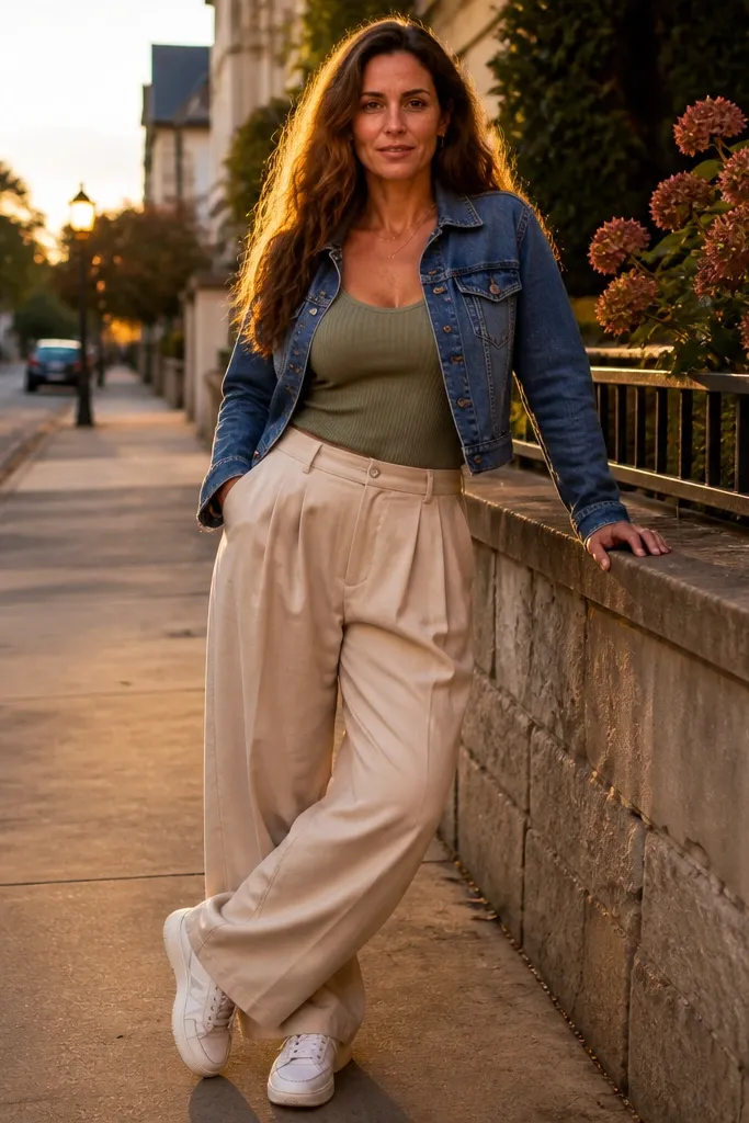 Sand pleated baggy pants with sage tank and cropped denim jacket