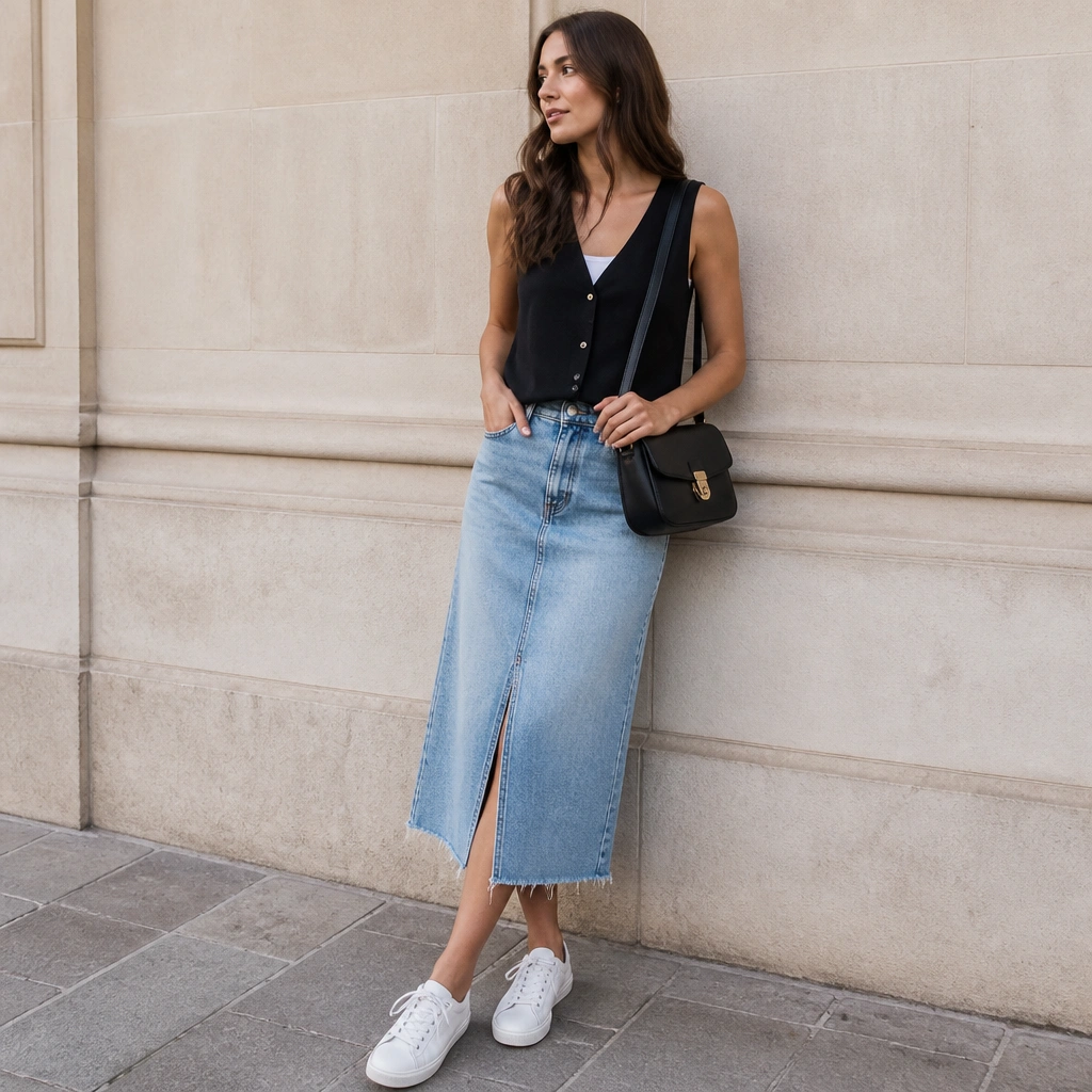 A black vest top layered over a light base with a stone-wash denim midi skirt, white low-top sneakers, and a crossbody bag.
