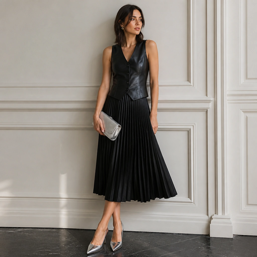 A faux leather black vest top worn over a black pleated midi skirt, styled with a silver clutch and pointed silver heels.