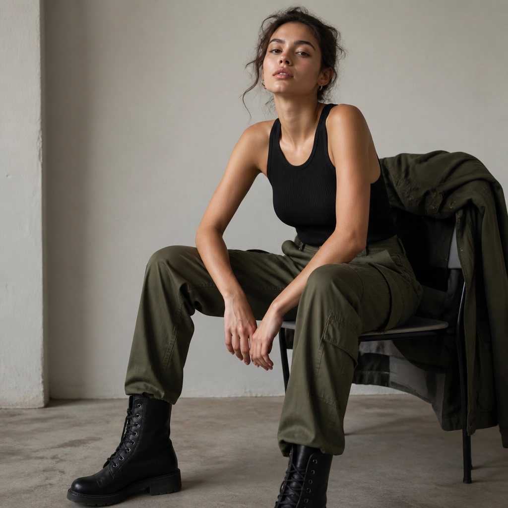 A fitted black rib vest top with olive green utility cargo pants, black combat boots, and a utility jacket in the background.