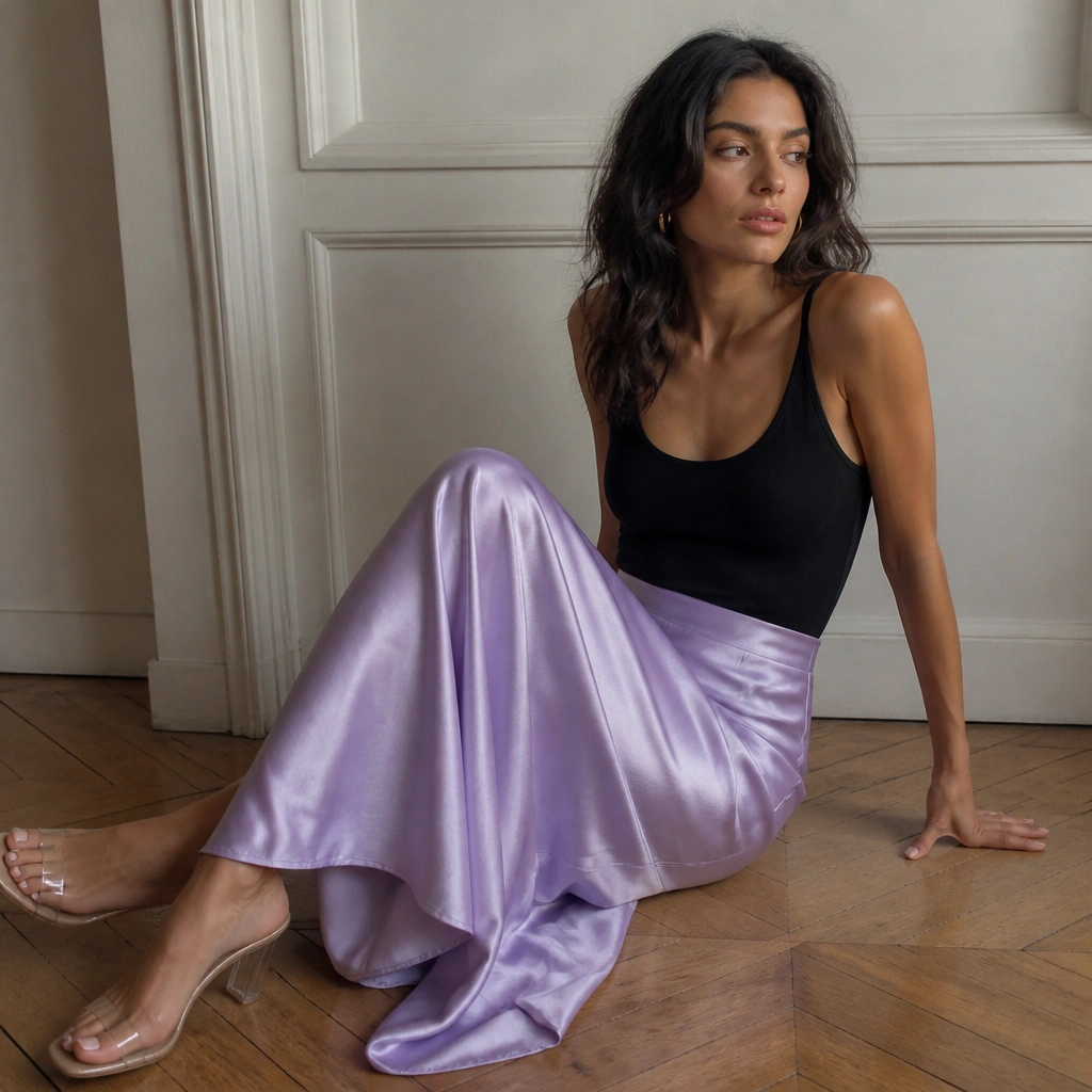 A black vest top with a lilac satin slip skirt that catches light, styled with clear strap heels and small hoop earrings.