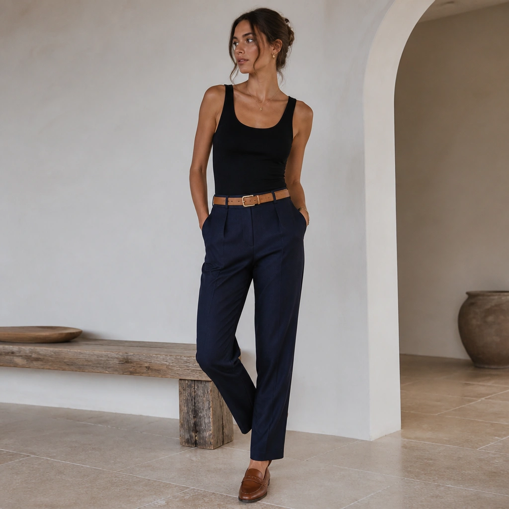 A black vest top tucked into navy tailored trousers, styled with a tan leather belt, minimal gold jewelry, and loafers.