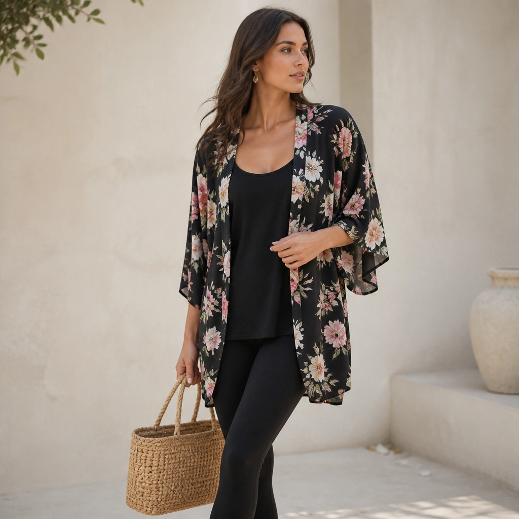 A black vest top with a printed kimono overlay (floral pattern) and solid black leggings, with a woven tote.