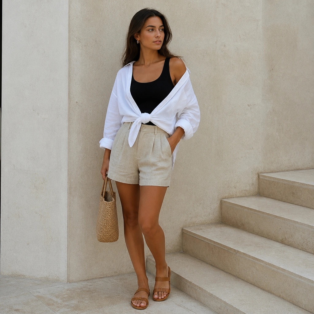 A black vest top with beige linen shorts, plus an oversized white shirt tied at the waist, styled with sandals.