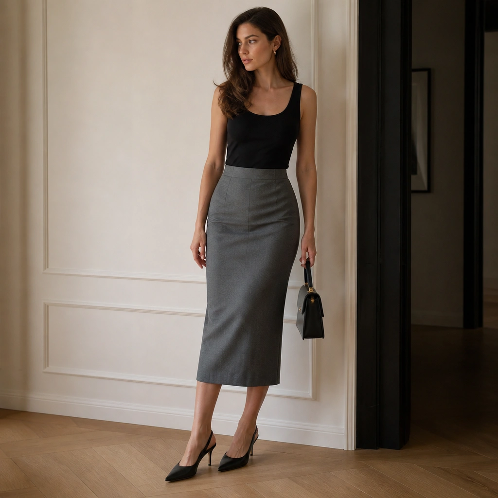 A black vest top tucked into a gray pencil skirt, with black slingback heels and a structured mini bag.