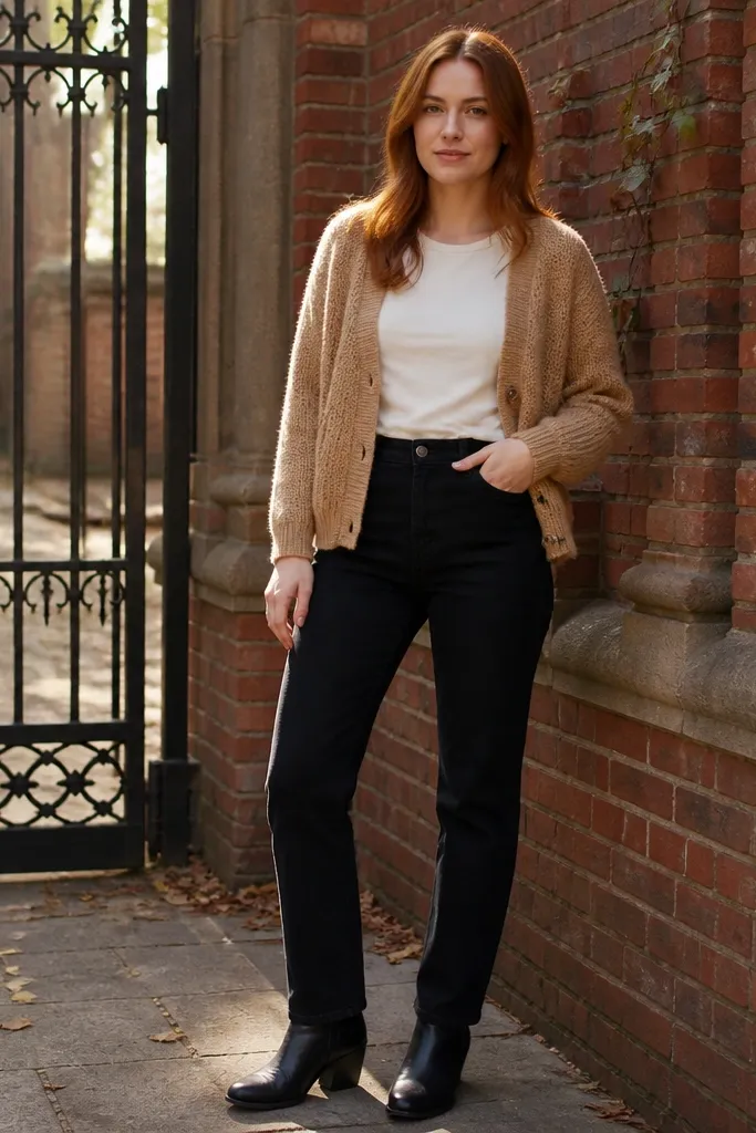 Camel cardigan over cream tee with black straight jeans and brown loafers