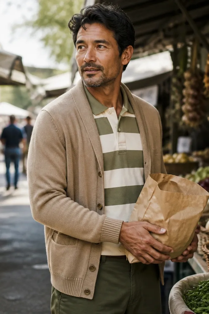 Tan cardigan over striped rugby polo with olive pants and tan sneakers