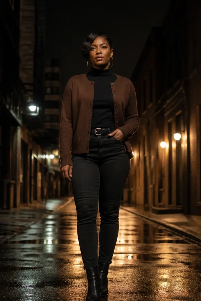Brown cardigan over black mock neck with black jeans and dark brown boots