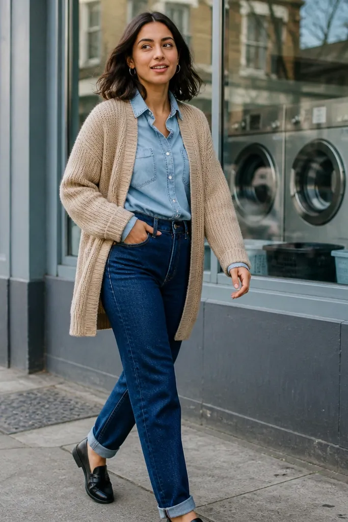 Sandy brown cardigan over light blue denim shirt with indigo jeans and white sneakers