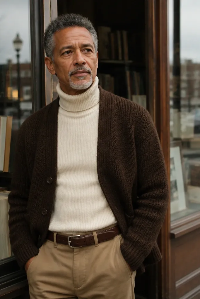 Deep chocolate cardigan over cream turtleneck with tan-brown chinos and leather belt
