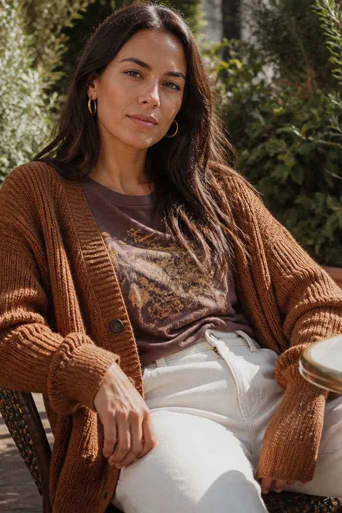 Cinnamon cardigan over a graphic band tee with off-white trousers and tan sandals