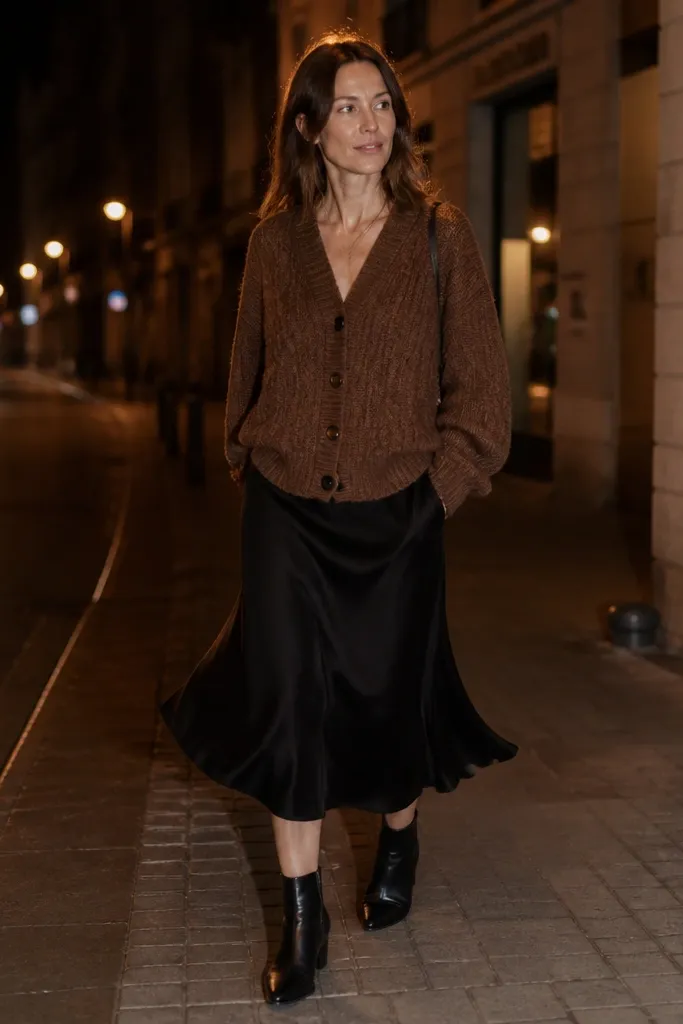 Mocha cardigan over black satin slip skirt with black ankle boots