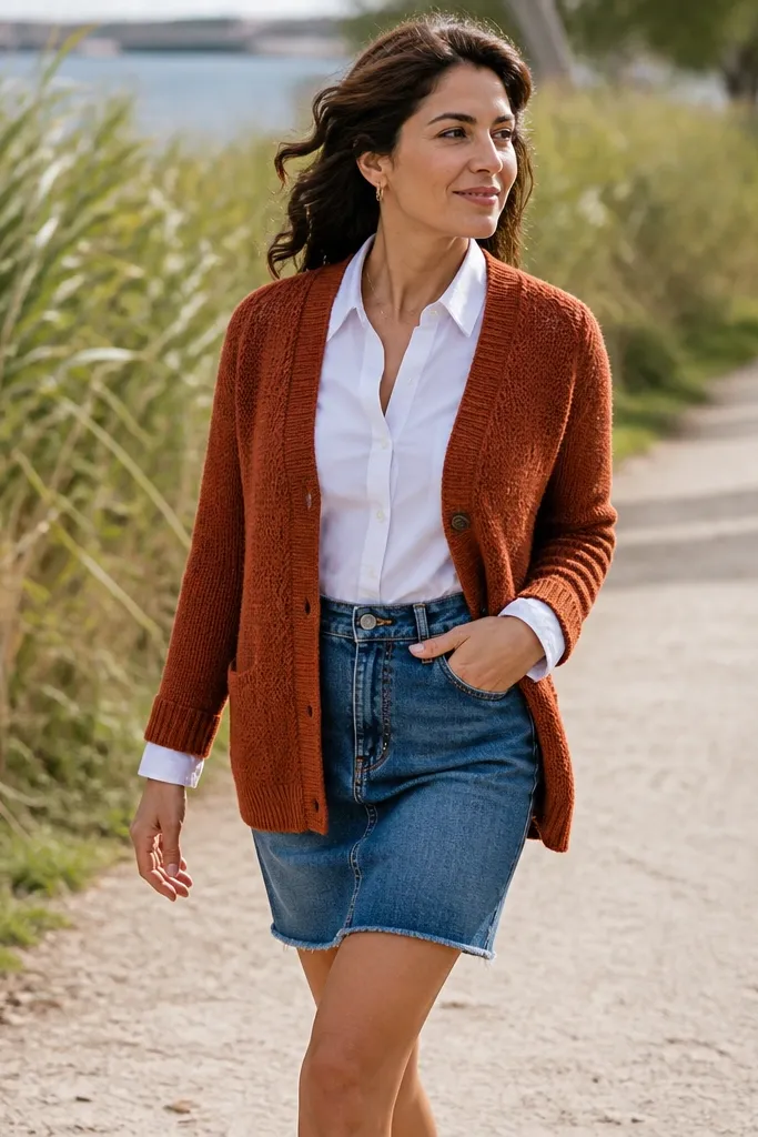 Rust cardigan over white button-up with denim skirt and white sneakers