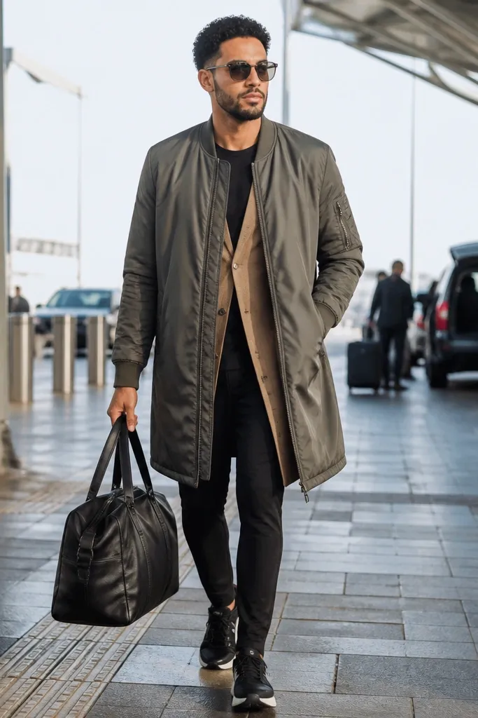 Light brown cardigan over black leggings with a longline bomber and sneakers