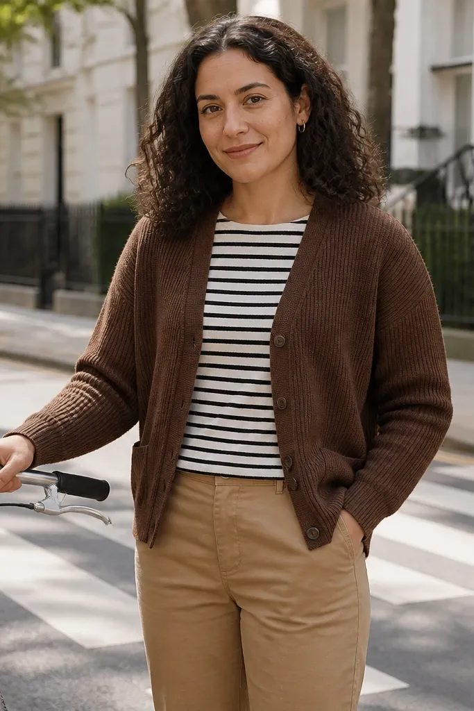 Brown cardigan over striped long sleeve with tan chinos and white sneakers