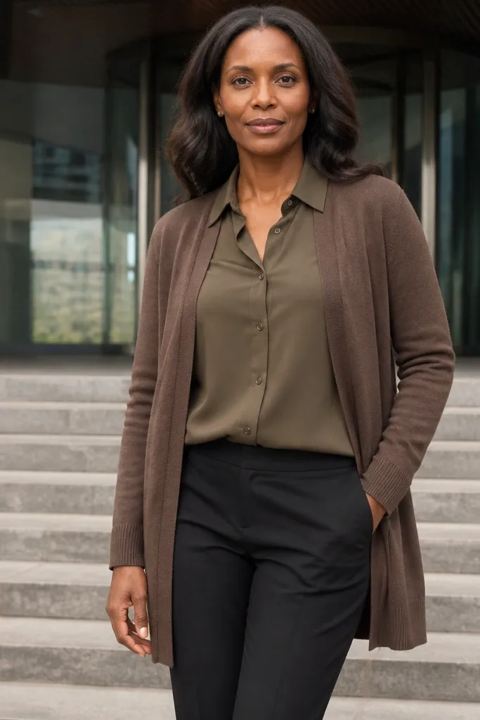 Mocha cardigan over olive button-down with black trousers and dark loafers