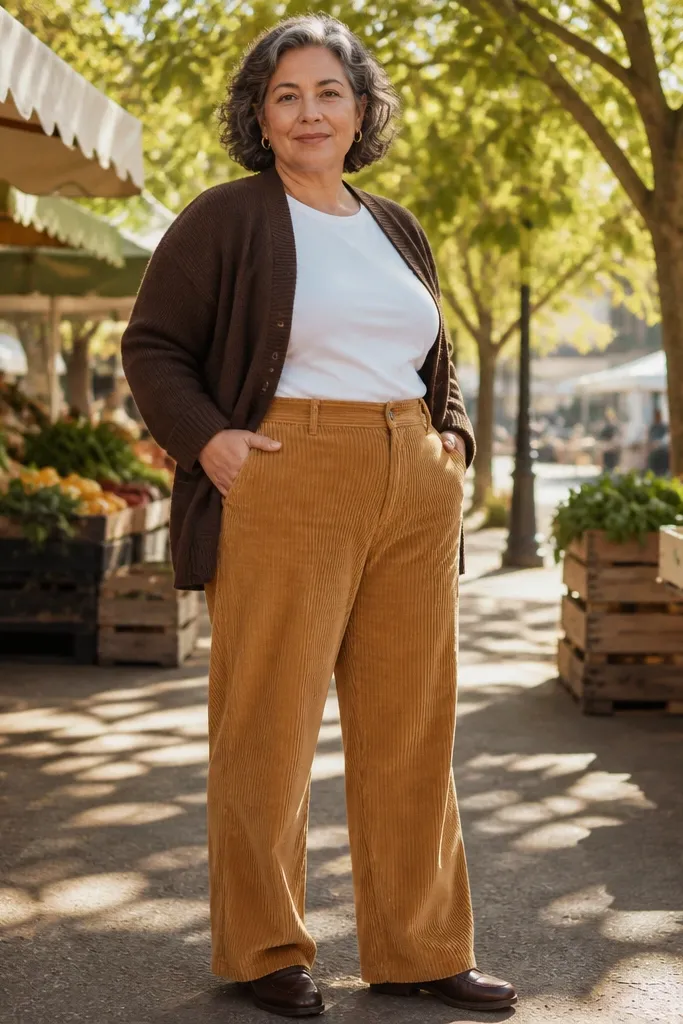 Dark brown cardigan over white tee with camel corduroy pants and brown boots