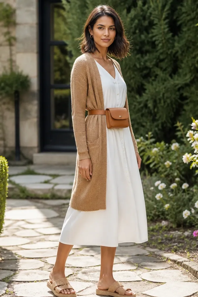 Tan cardigan over white midi dress with belt bag and tan flats