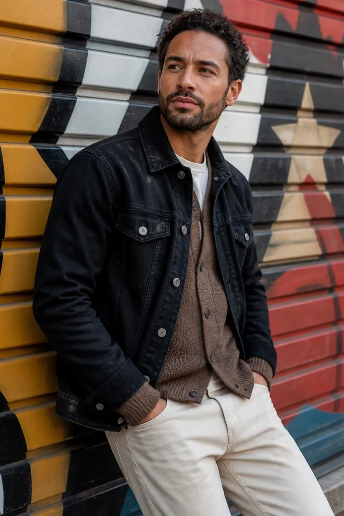 Brown cardigan layered under black denim jacket with cream jeans and black sneakers