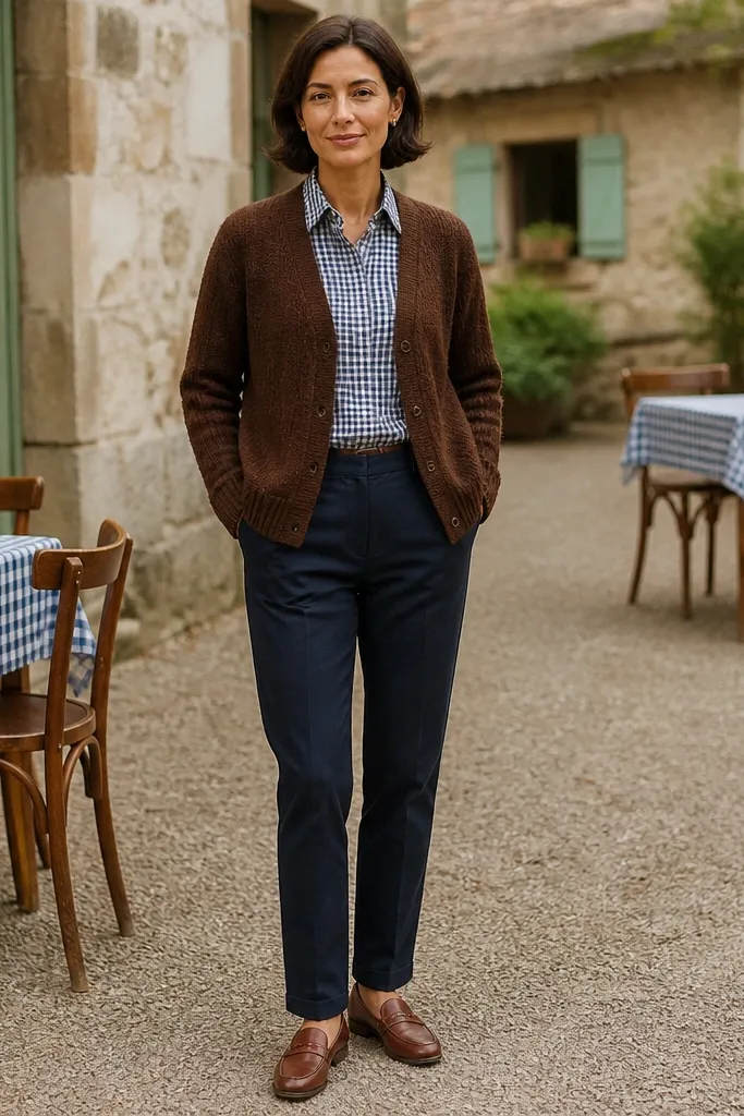 Walnut cardigan over gingham button-down with navy chinos and brown loafers