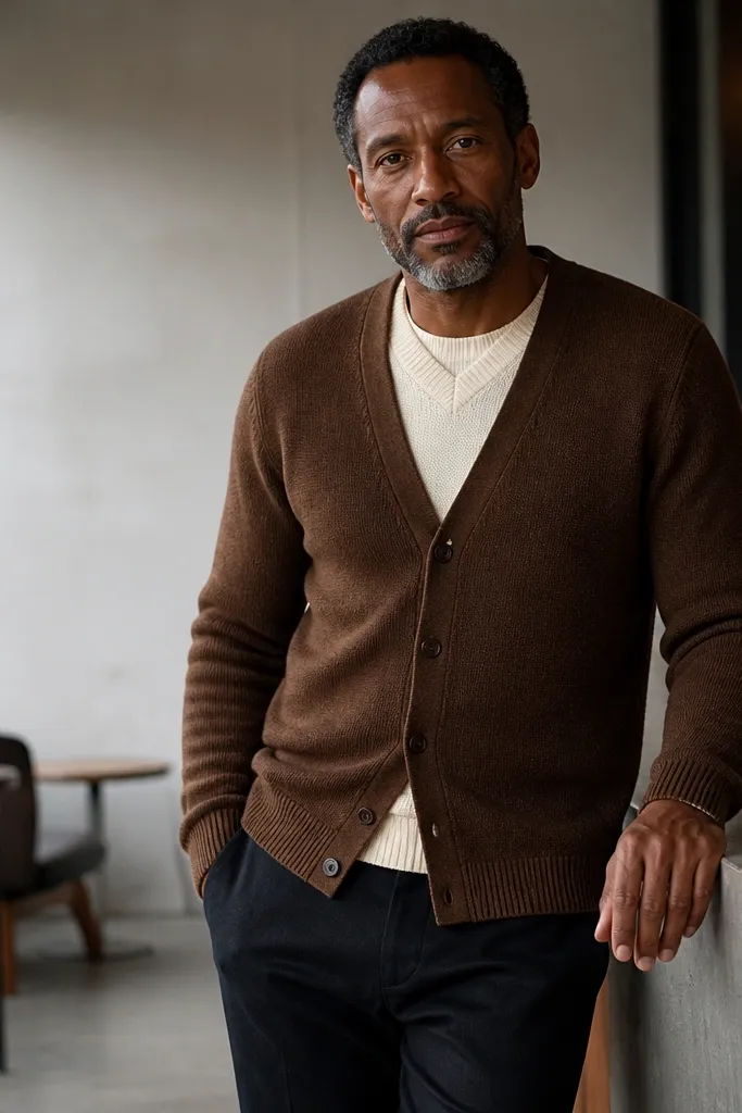 Brown cardigan worn over cream knit top with black trousers and loafers