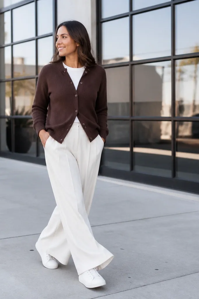 Chocolate cardigan over white tee with white wide-leg pants and white sneakers