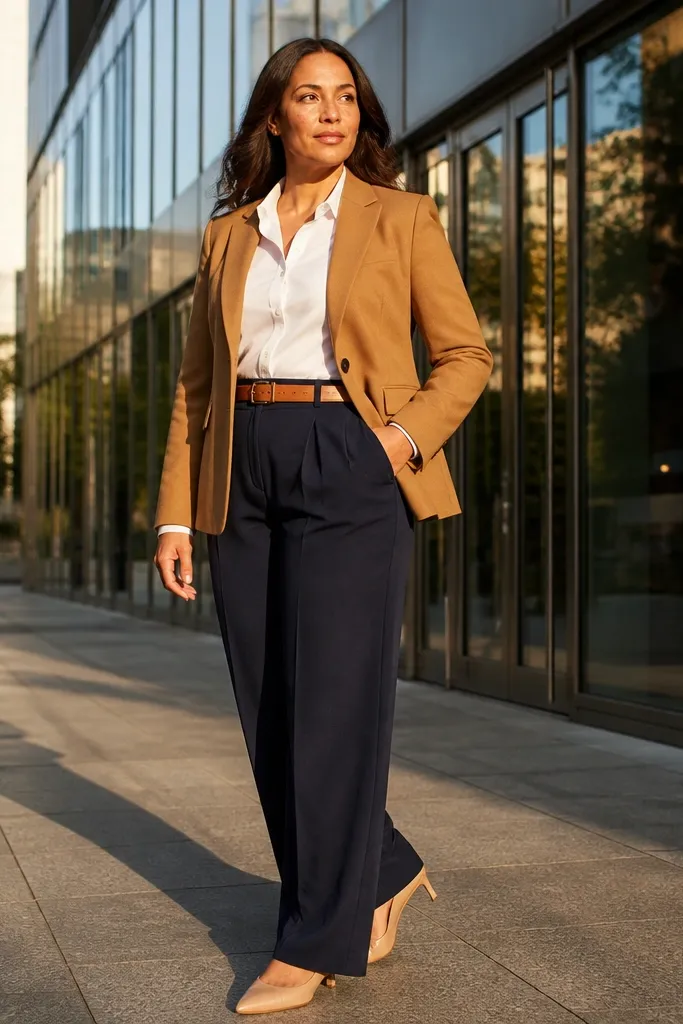Camel blazer over a white button-down with navy wide-leg trousers and brown loafers