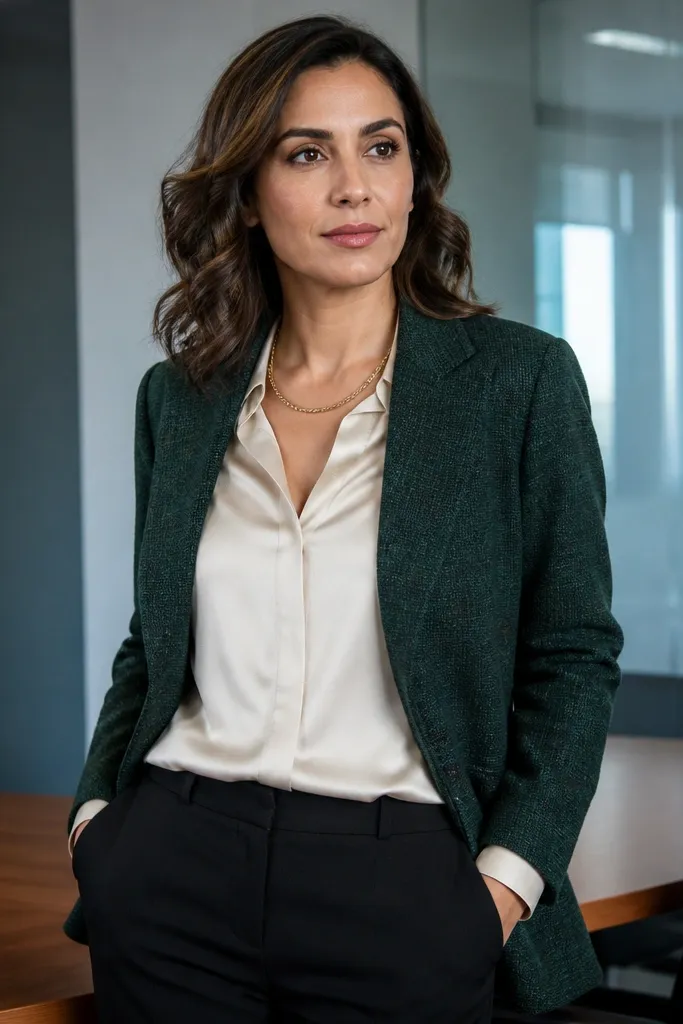 Forest green knit blazer over a cream satin blouse with black straight-leg pants