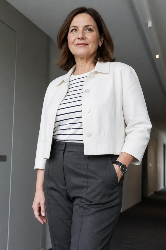 White cropped jacket over a striped tee with charcoal high-rise trousers and white sneakers