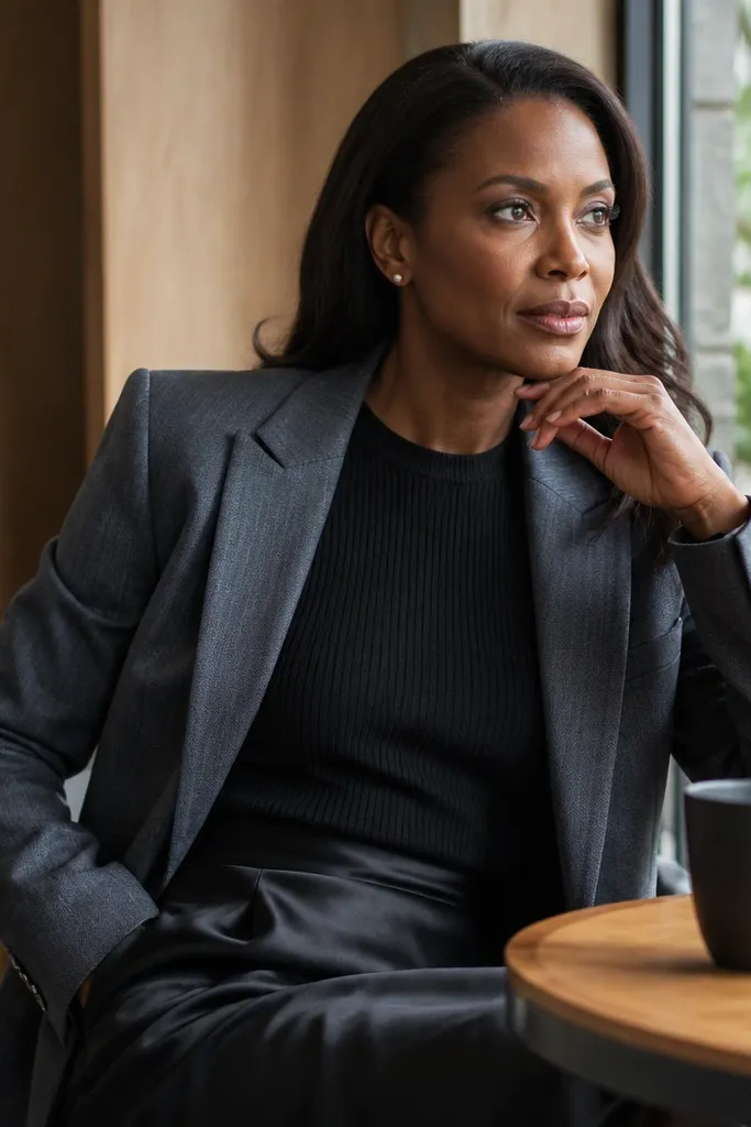Black slip skirt with a black ribbed top and a tailored gray blazer