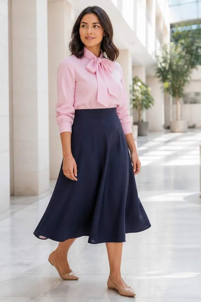 Pink bow-tie blouse with a navy A-line midi skirt and nude flats