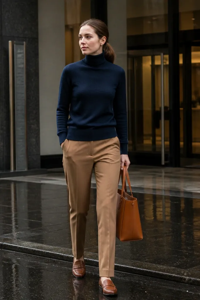Navy turtleneck with camel trousers and cognac loafers