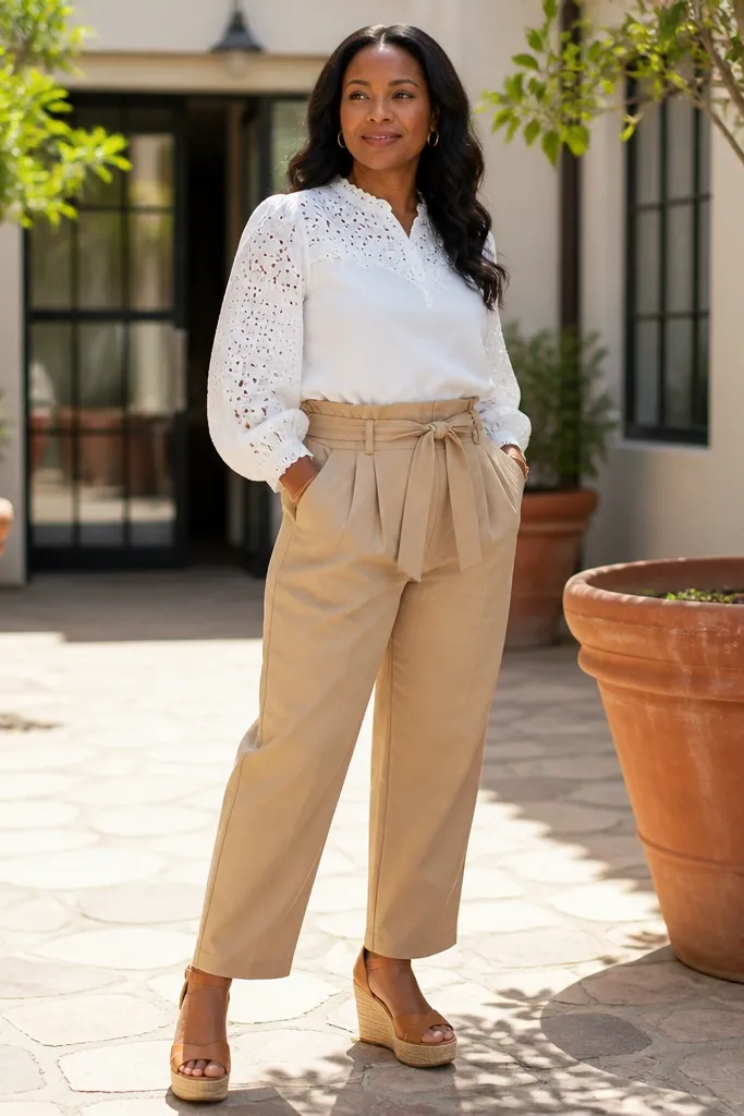 White eyelet blouse with tan paperbag waist trousers and espadrille wedges
