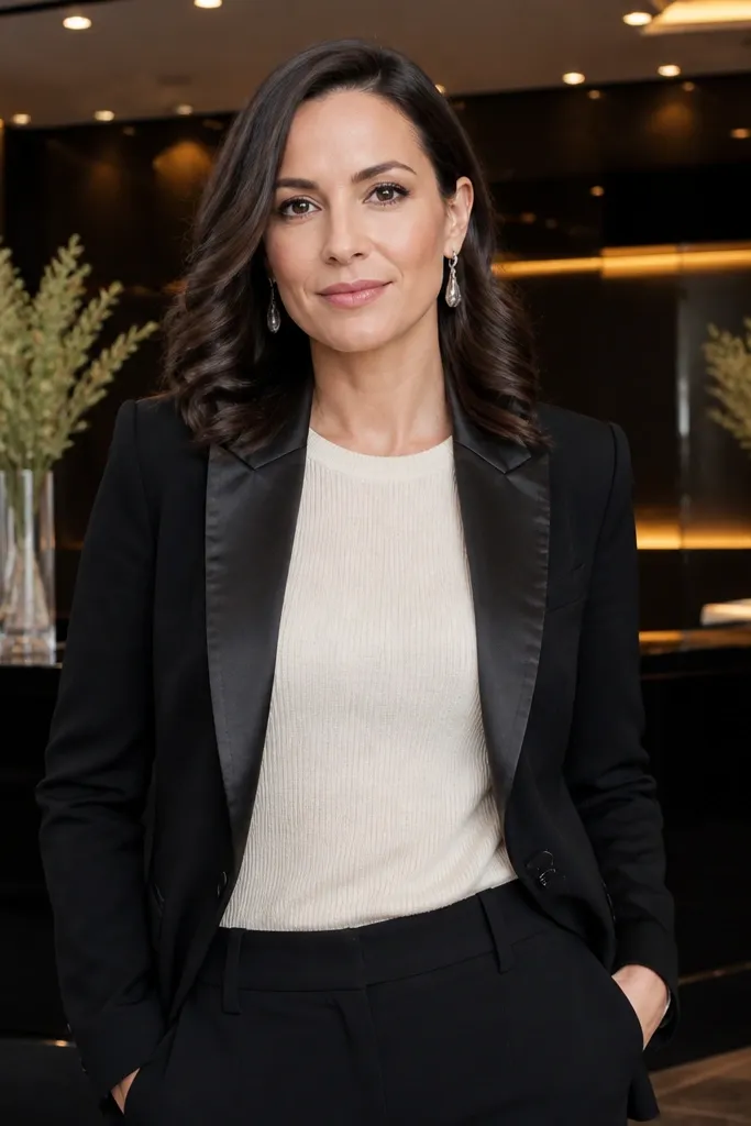 Black blazer with satin lapel trim over an ivory knit top and black cropped trousers