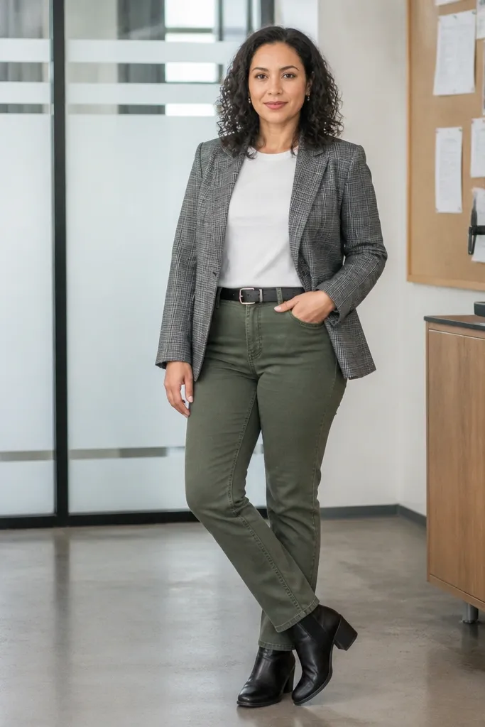 Gray plaid blazer over a white tee with olive straight jeans and tan ankle boots
