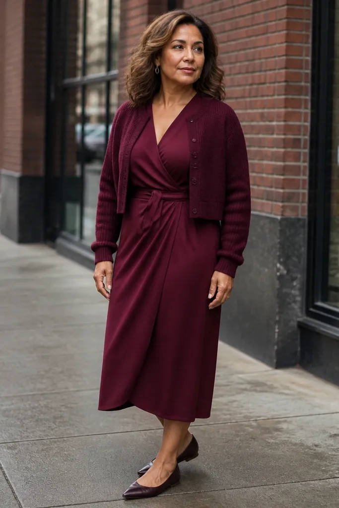 Burgundy wrap dress with a cropped cardigan and pointed flats