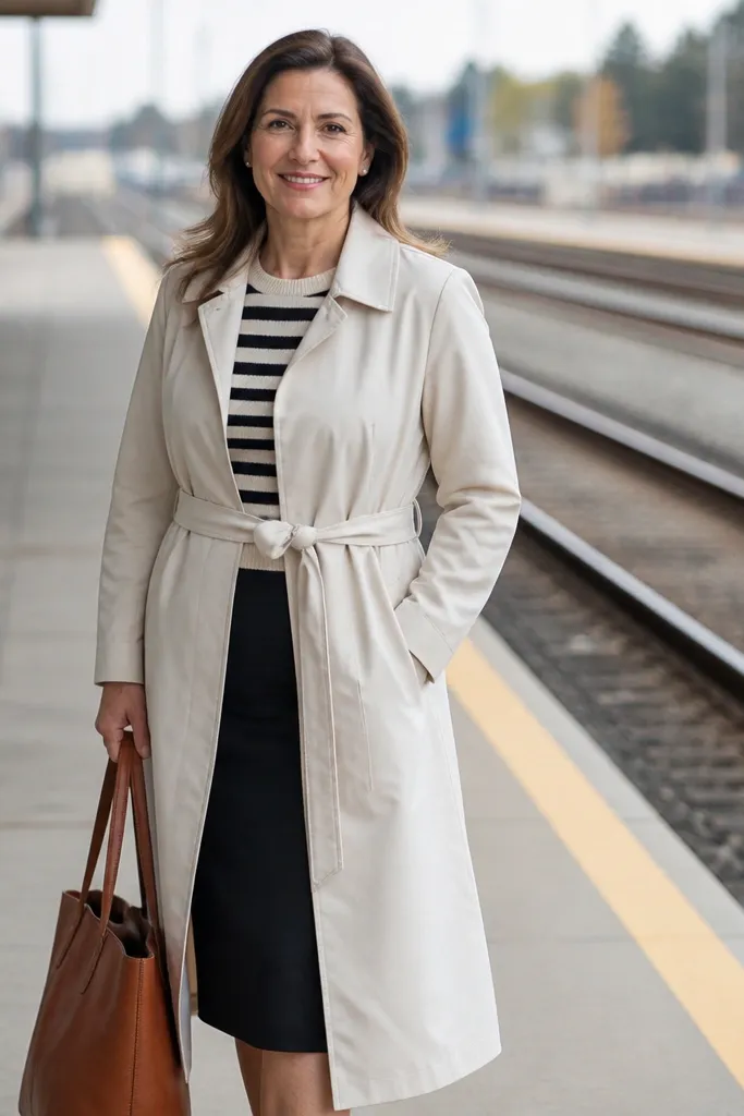 Ivory trench coat over a striped knit top with a black pencil skirt and black loafers