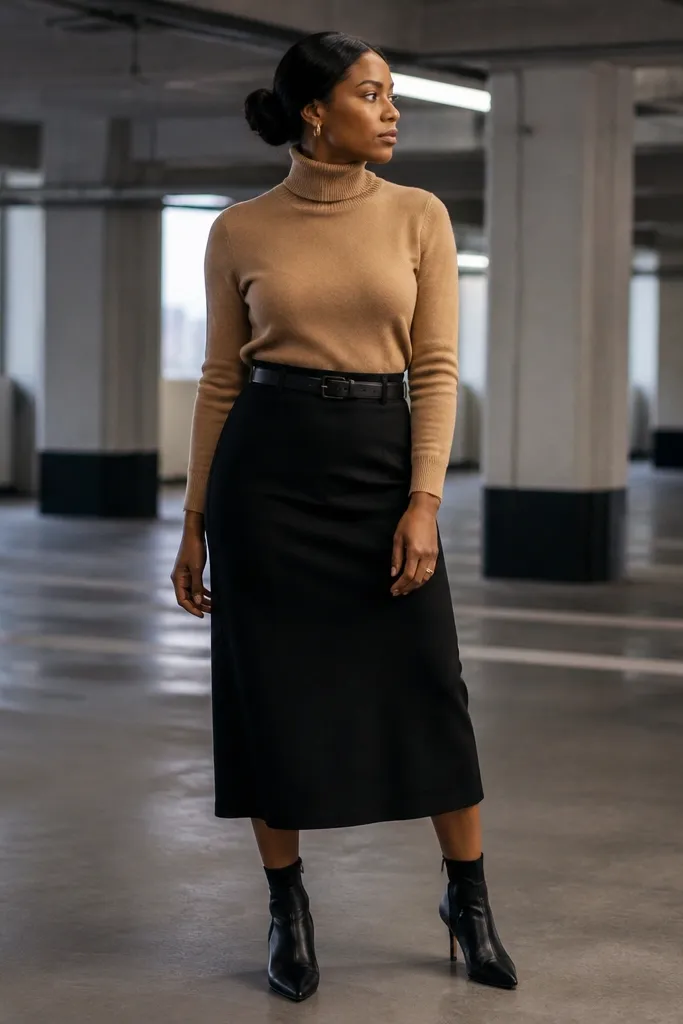 Camel turtleneck with a black midi skirt and a black leather belt