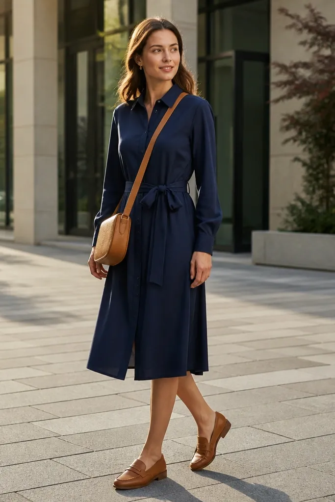 Navy shirt dress with a waist tie and tan crossbody bag