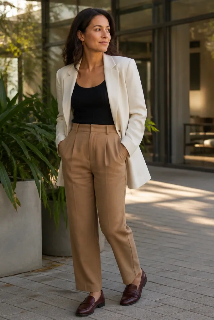 Black ribbed tank under a cream blazer with camel trousers and brown loafers