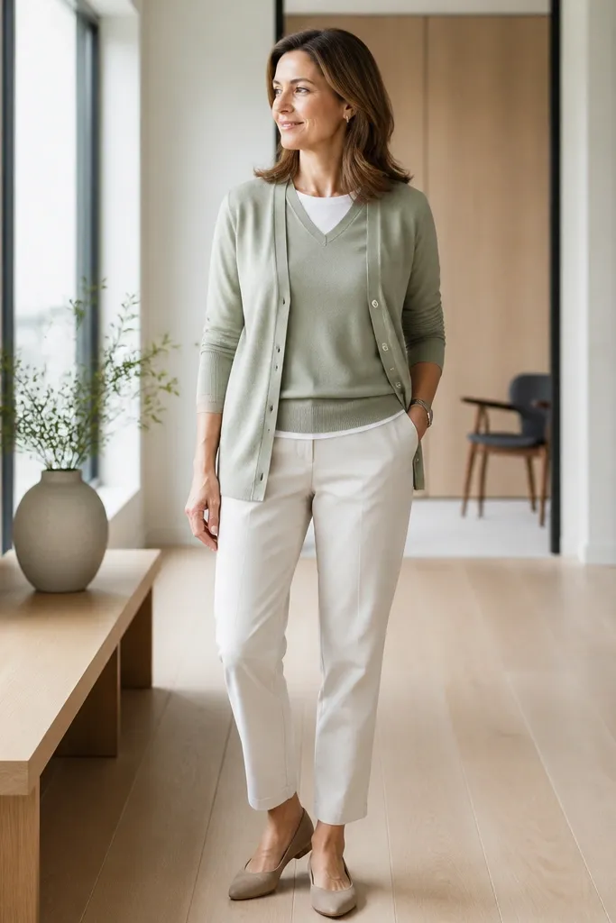 Sage cardigan over a white tee with tailored ankle pants and loafers