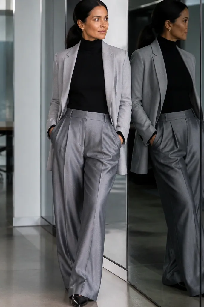Light gray blazer over a black turtleneck with silver-gray pleated trousers