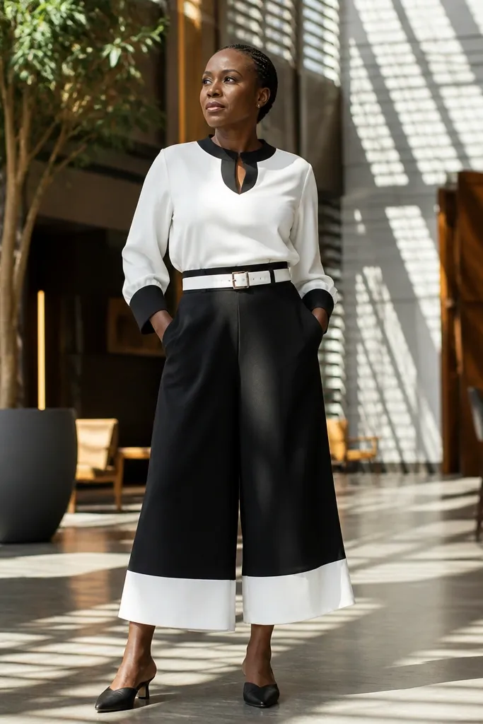 Black-and-white blouse with wide-leg culottes and black mules