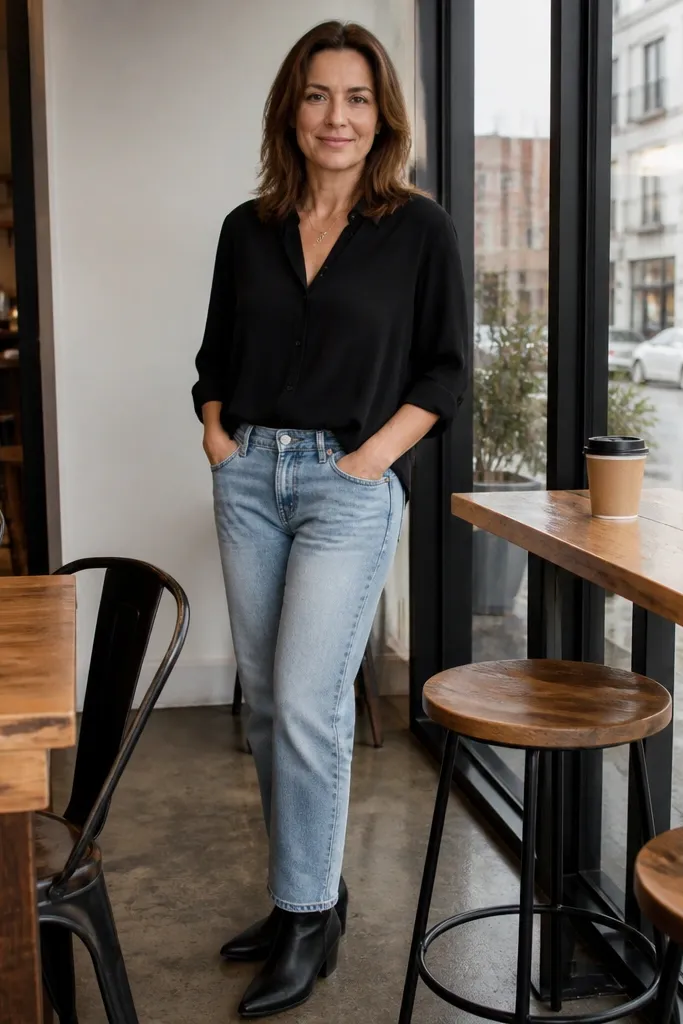 Black button-up with rolled sleeves over light wash straight jeans and black ankle boots