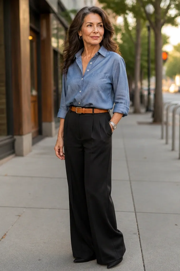 Blue chambray button-down tucked into black wide-leg trousers with a cognac belt