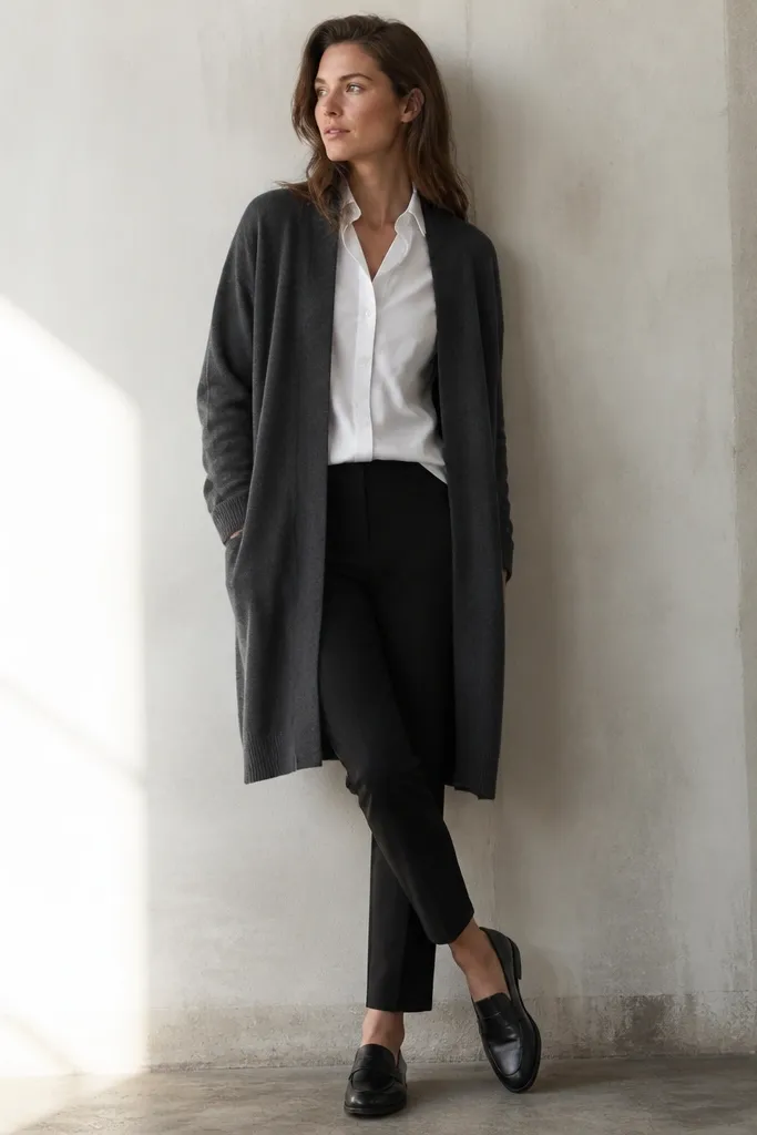 Charcoal long cardigan over a white shirt with black ankle pants and loafers